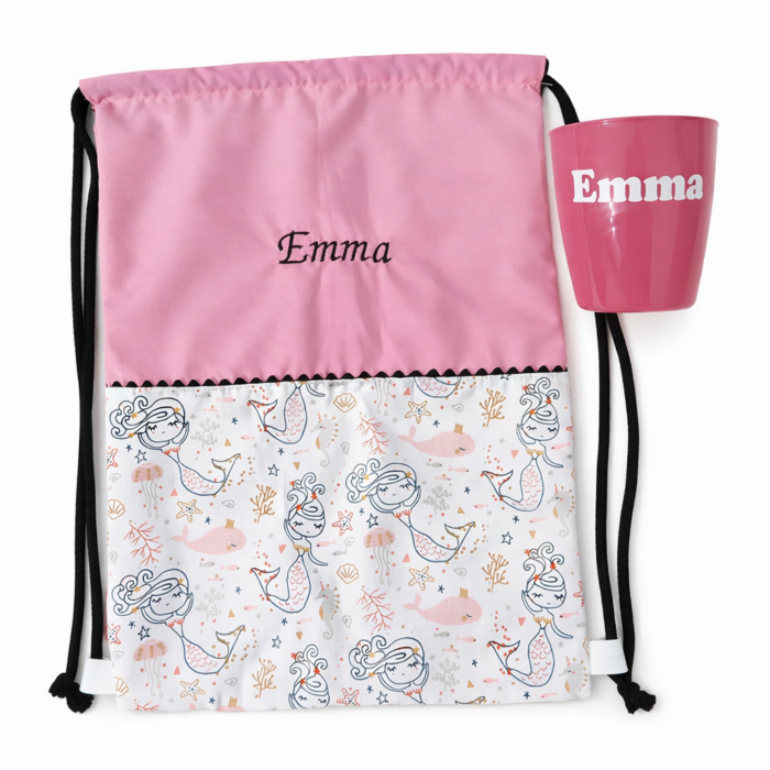 Saquito escolar + Vaso personalizado de regalo